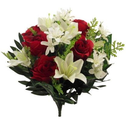 Picture of 40cm ROSE AND LILY MIXED BUSH WITH FOLIAGE IVORY/RED