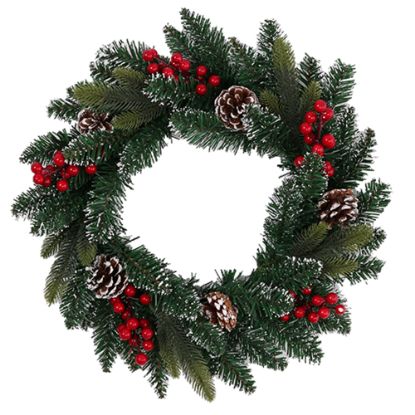 Picture of 46cm (18 INCH) SNOW FROSTED SPRUCE AND PINE WREATH WITH CONES AND BERRIES GREEN