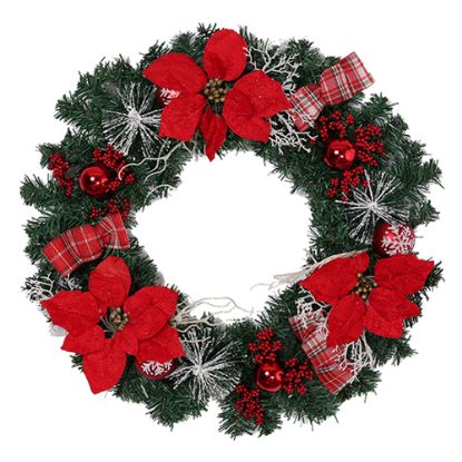 Picture of 52cm LARGE WREATH WITH VELVET POINSETTIAS WHITE CONES BAUBLES AND TARTAN BOWS RED/WHITE