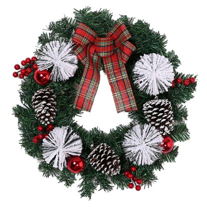 Picture of 42cm SPRUCE/PINE SNOW WREATH WITH CONES BAUBLES BERRIES AND BOW RED/WHITE