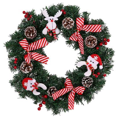 Picture of 42cm SPRUCE WREATH WITH FELT CHARACTERS CONES BERRIES AND BOWS RED/WHITE