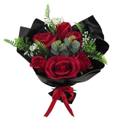 Picture of 43cm WRAPPED ROSE BOUQUET WITH EUCALYPTUS FOLIAGE AND SATIN BOW RED/BLACK