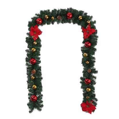 Picture of 8ft SPRUCE GARLAND WITH POINSETTIAS AND BAUBLES RED/GOLD