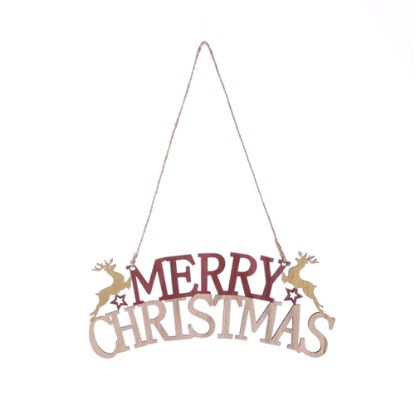 Picture of 21.5cm WOODEN MERRY CHRISTMAS HANGING SIGN WITH REINDEER DECO NATURAL/RED