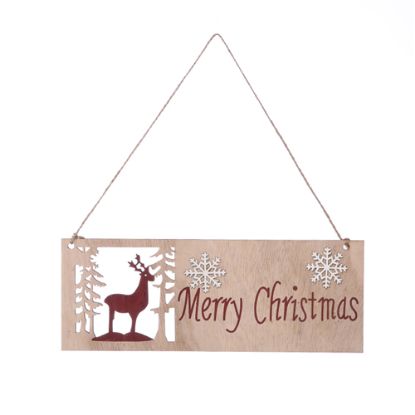 Picture of 29.5cm WOODEN MERRY CHRISTMAS HANGING SIGN WITH REINDEER DECO NATURAL/RED/WHITE
