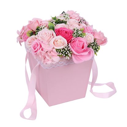 Picture of 25cm PINK FLOWER BAG WITH PINK SOAP FLOWER ROSES AND FOLIAGE