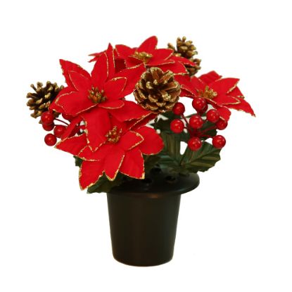 Picture of GLITTERED POINSETTIA CONE AND BERRY CEMETERY POT RED/GOLD