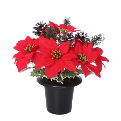 Picture of POINSETTIA SNOWY CONE AND HOLLY CEMETERY POT RED/WHITE