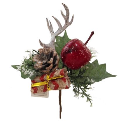 Picture of 18cm XMAS PICK WITH APPLE CONE GIFT AND ANTLER NAT/RED