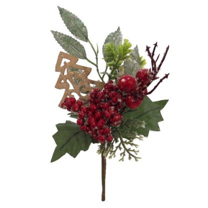 Picture of 21cm XMAS PICK WITH BERRIES FOLIAGE AND WOODEN XMAS TREE RED