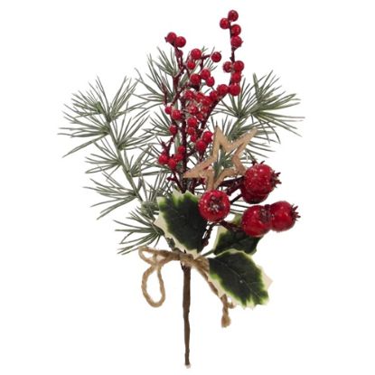 Picture of 29cm LARGE FROSTED BERRY PICK WITH MIXED FOLIAGE AND WOODEN STAR RED