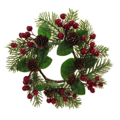 Picture of 26cm SMALL PINE WREATH WITH BERRIES AND CONES NAT/RED