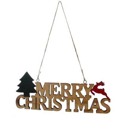 Picture of 25cm WOODEN MERRY CHRISTMAS HANGING SIGN WITH REINDEER AND TREE DECO NATURAL/RED/GREEN