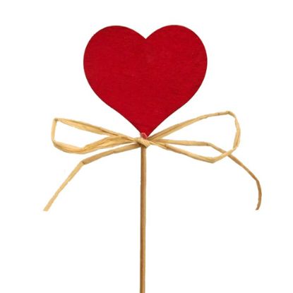 Picture of 5cm WOODEN HEART PICK WITH RAFFIA ON 20cm STICK RED X 12pcs