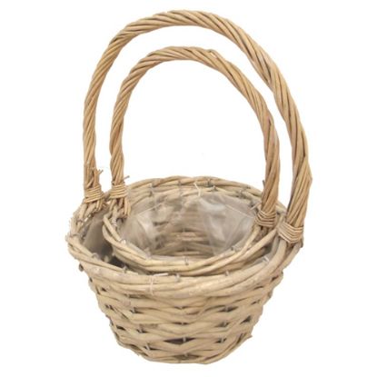 Picture of SET OF 2 STRONG ROUND PLANTING BASKETS WITH HANDLE (PLASTIC LINED) GREY WHITE WASH