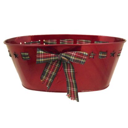 Picture of 28cm LARGE METAL OVAL PLANTER WITH TARTAN RIBBON BOW BRIGHT RED