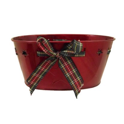 Picture of 22.5cm METAL OVAL PLANTER WITH TARTAN RIBBON BOW BRIGHT RED