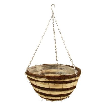 Picture of SPLIT BAMBOO AND TWIG STRIPED ROUND PLASTIC LINED HANGING BASKET 12 INCH