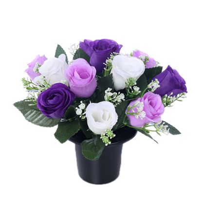 Picture of CEMETERY POT WITH ROSEBUDS AND GYP (12 HEADS) PURPLE/LILAC/IVORY