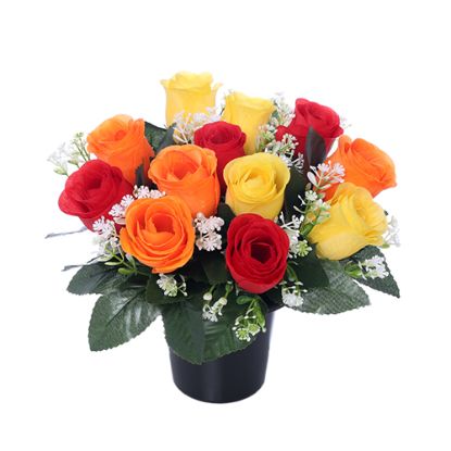 Picture of CEMETERY POT WITH ROSEBUDS AND GYP (12 HEADS) YELLOW/ORANGE/RED