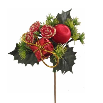Picture of XMAS ROSE PARCEL AND BALL PICK ON 50cm WOODEN STICK RED X 10pcs