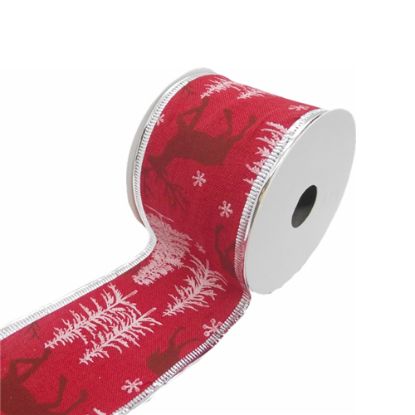 Picture of CHRISTMAS FABRIC WIRED EDGE RIBBON 63mm X 10yds TREES AND STAG RED/SILVER/WHITE