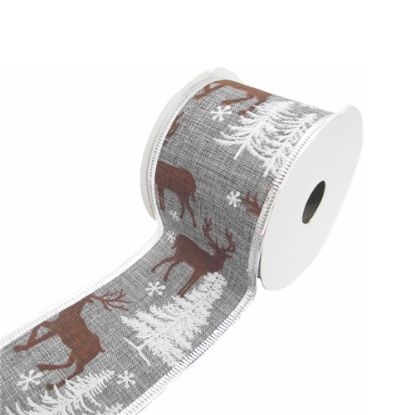 Picture of CHRISTMAS FABRIC WIRED EDGE RIBBON 63mm X 10yds TREES AND STAG GREY/BROWN/WHITE