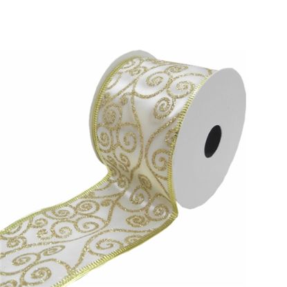 Picture of CHRISTMAS FABRIC WIRED EDGE RIBBON 63mm X 10yds SWIRLS IVORY/GOLD