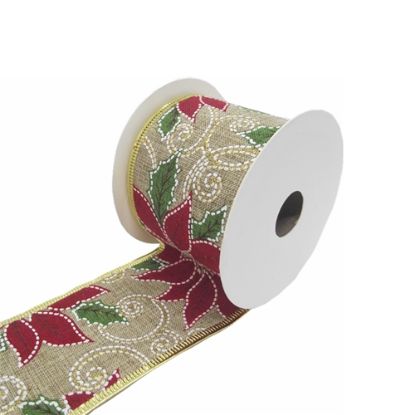 Picture of CHRISTMAS FABRIC WIRED EDGE RIBBON 63mm X 10yds POINSETTIA NATURAL/RED/GREEN/GOLD