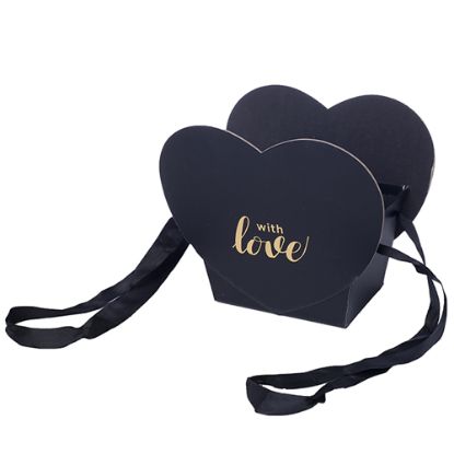 Picture of 19.5cm HEART SHAPED FLOWER BOX WITH HANDLES BLACK/GOLD - WITH LOVE