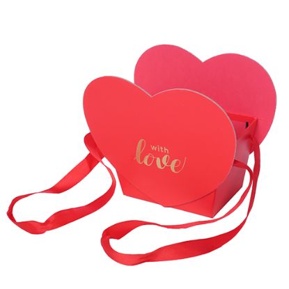 Picture of HEART SHAPED FLOWER BOX WITH HANDLES RED/GOLD - WITH LOVE