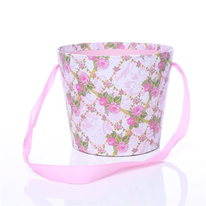 Picture of 16cm ROUND CARDBOARD FLORAL POT WITH RIBBON HANDLE - VINTAGE PINK/IVORY