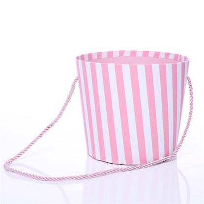 Picture of 14cm ROUND CARDBOARD FLORAL POT WITH ROPE HANDLE - STRIPED PINK/WHITE
