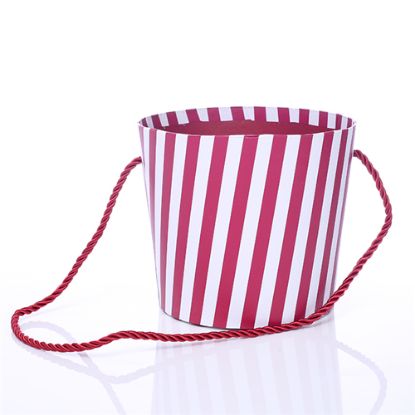Picture of 14cm ROUND CARDBOARD FLORAL POT WITH ROPE HANDLE - STRIPED DARK RED/WHITE