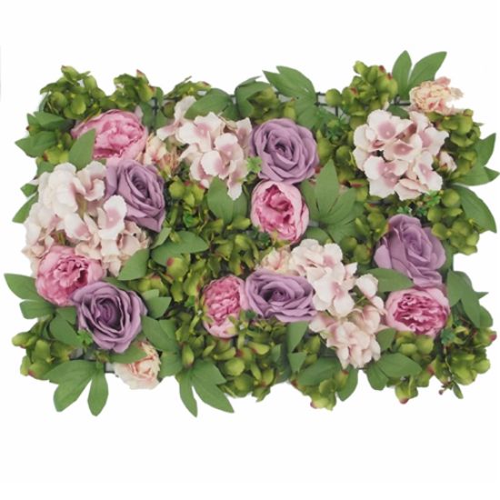 Picture of FLOWER WALL WITH PEONIES HYDRANGEAS ROSES AND FOLIAGE 60cm X 40cm LILAC/PINK/GREEN