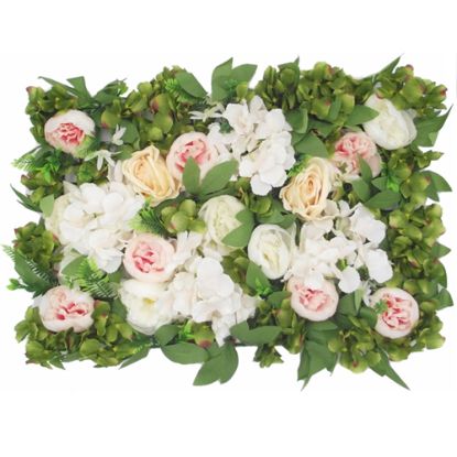 Picture of FLOWER WALL WITH PEONIES HYDRANGEAS ROSES AND FOLIAGE 60cm X 40cm PINK/IVORY/GREEN