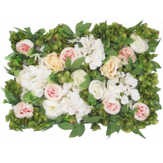 Picture of FLOWER WALL WITH PEONIES HYDRANGEAS ROSES AND FOLIAGE 60cm X 40cm PINK/IVORY/GREEN