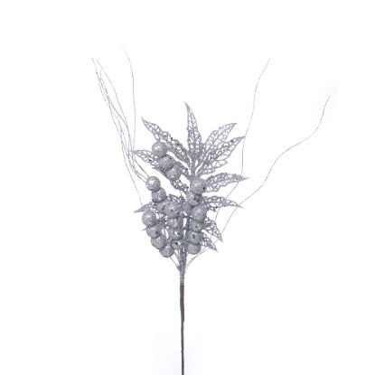 Picture of 48cm GLITTERED BERRY SPRAY WITH LEAVES SILVER