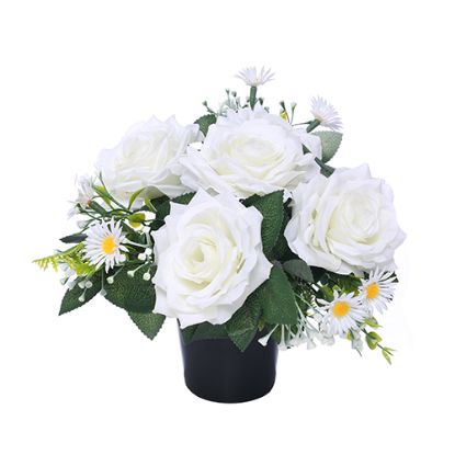 Picture of CEMETERY POT WITH ROSES DAISIES AND FOLIAGE IVORY/WHITE