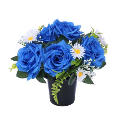 Picture of CEMETERY POT WITH ROSES DAISIES AND FOLIAGE ROYAL BLUE/WHITE
