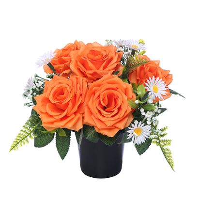 Picture of CEMETERY POT WITH ROSES DAISIES AND FOLIAGE ORANGE/WHITE