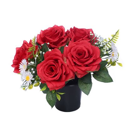 Picture of CEMETERY POT WITH ROSES DAISIES AND FOLIAGE RED/WHITE