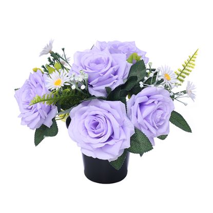 Picture of CEMETERY POT WITH ROSES DAISIES AND FOLIAGE LILAC/WHITE