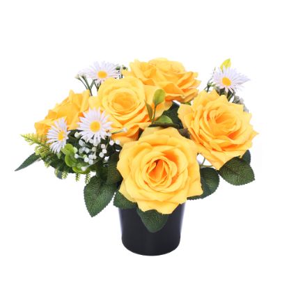 Picture of CEMETERY POT WITH ROSES DAISIES AND FOLIAGE YELLOW/WHITE