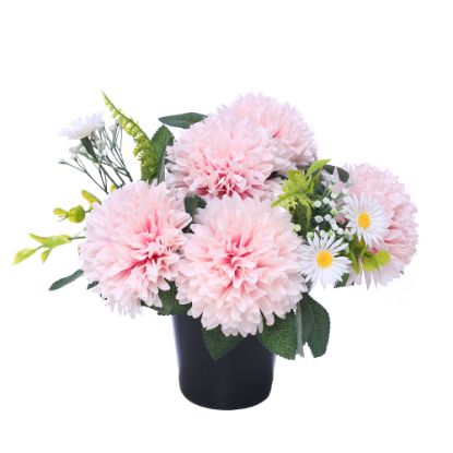 Picture of CEMETERY POT WITH CHRYSANTHEMUMS DAISIES AND FOLIAGE LIGHT PINK/WHITE