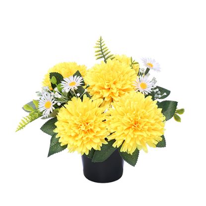 Picture of CEMETERY POT WITH CHRYSANTHEMUMS DAISIES AND FOLIAGE YELLOW/WHITE