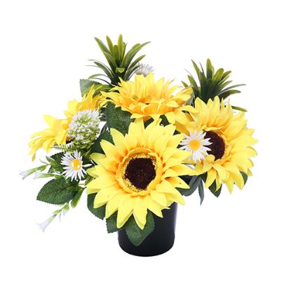 Picture of CEMETERY POT WITH SUNFLOWERS DAISIES AND FOLIAGE LIGHT YELLOW/WHITE