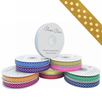 Picture of GROSGRAIN RIBBON DOTTY WHITE 10mm X 25met GOLD