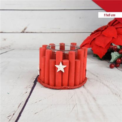 Picture of 11cm WOODEN/GLASS CANDLE HOLDER WITH CHRISTMAS DECO RED/WHITE