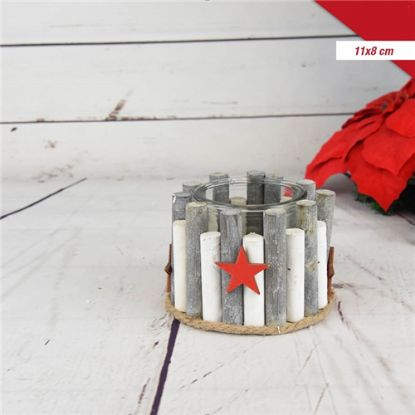 Picture of 11cm WOODEN/GLASS CANDLE HOLDER WITH CHRISTMAS DECO GREY/WHITE/RED